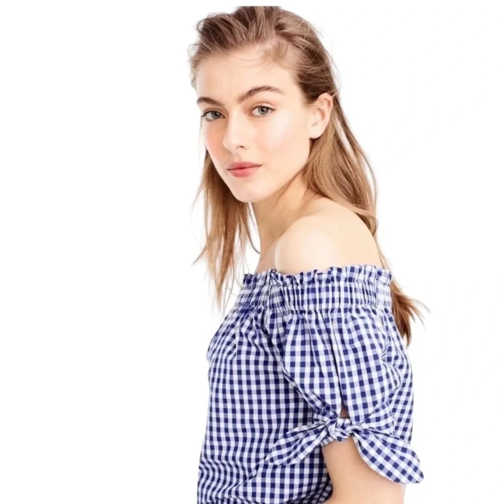 J. Crew Blue White Gingham Checkered Off The Shoulder Top Cottagecore Size 2